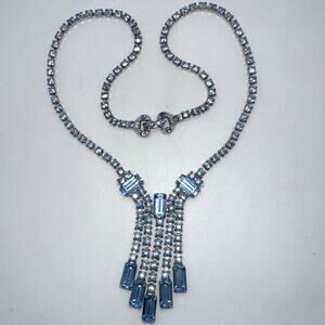 1940s 1950s vintage silver tone light blue glass rhinestones fringe necklace